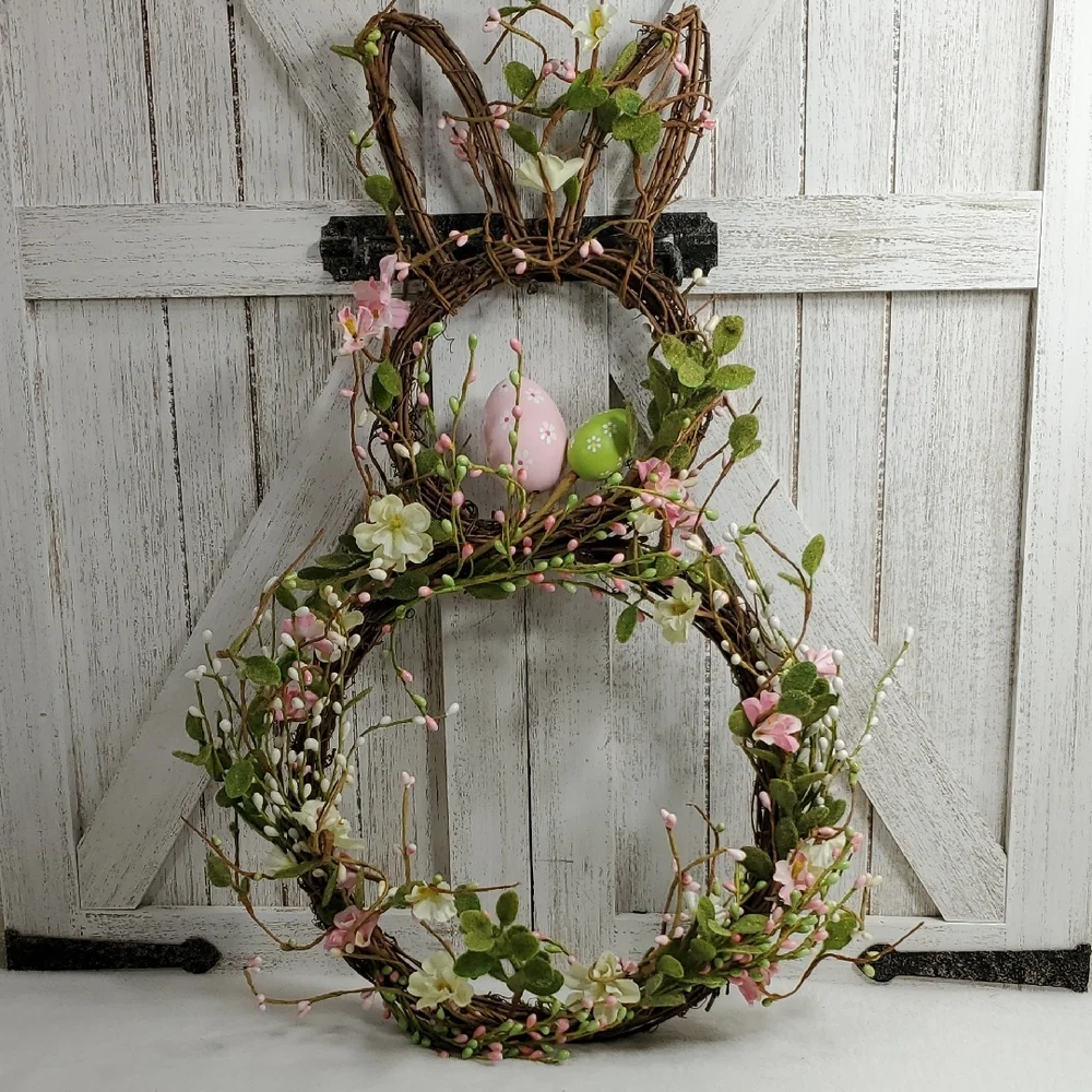 Easter Bunny Shaped Grapevine Holiday Wreath with Pastel Eggs & Flowers